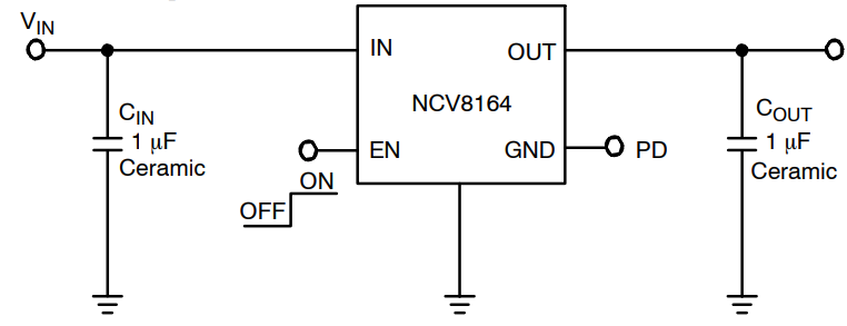 应用电路图 - onsemi NCV8164 300mA LDO稳压器